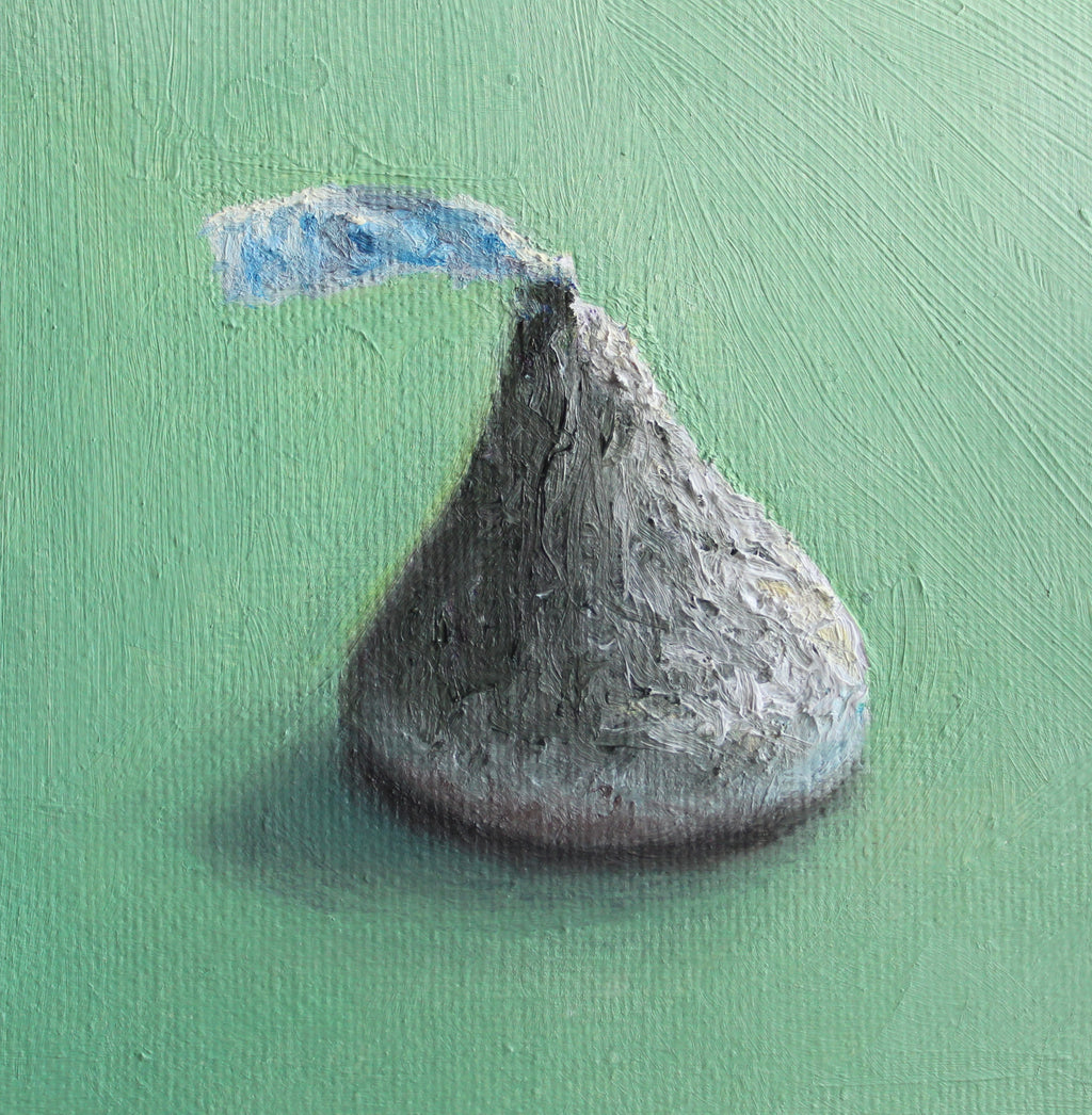 A textured oil painting of a single Hershey's Kiss on a solid mint green background.