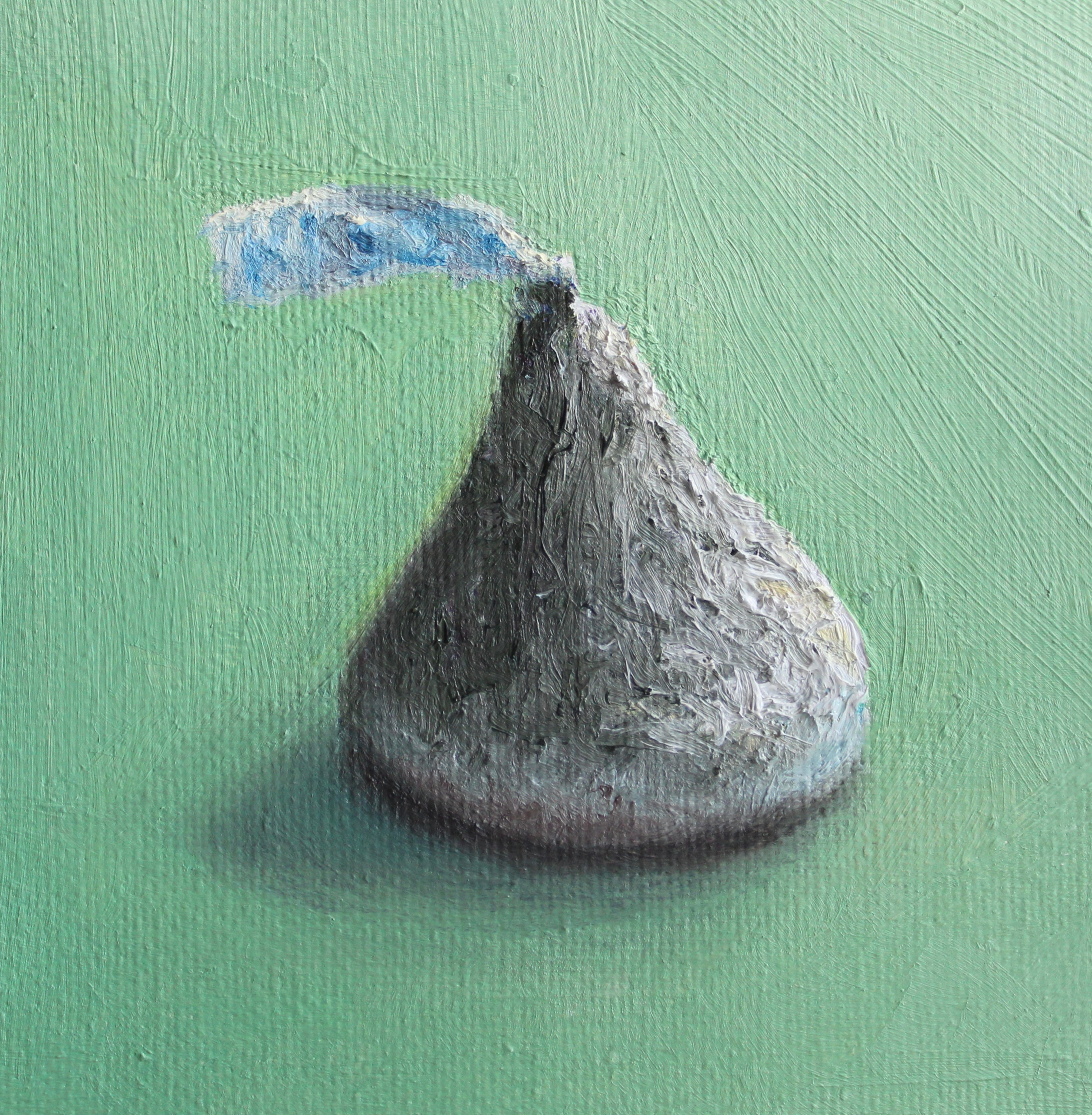 A textured oil painting of a single Hershey's Kiss on a solid mint green background.